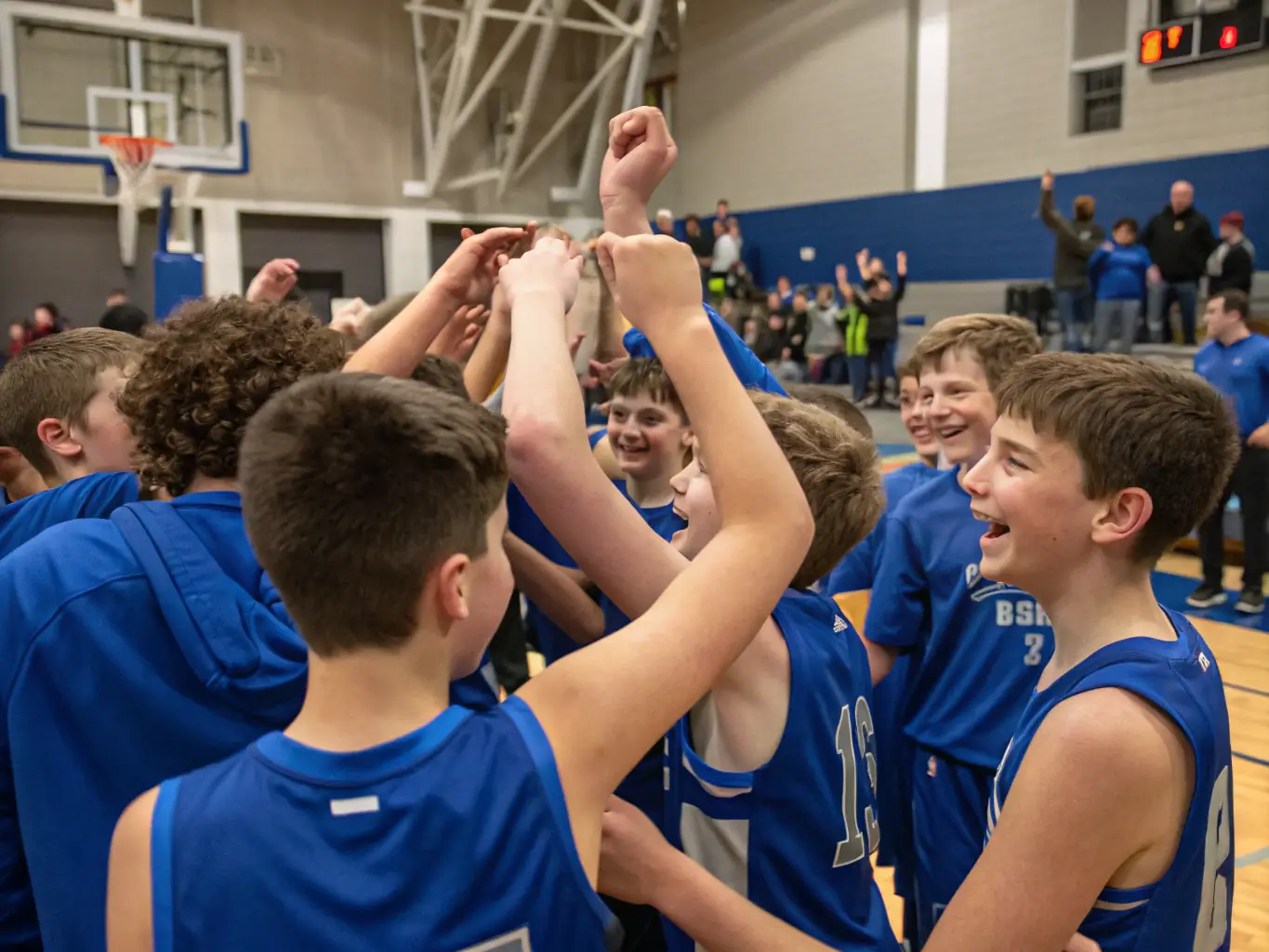 A group of students celebrating a victory after a basketball game, showcasing teamwork and camaraderie.