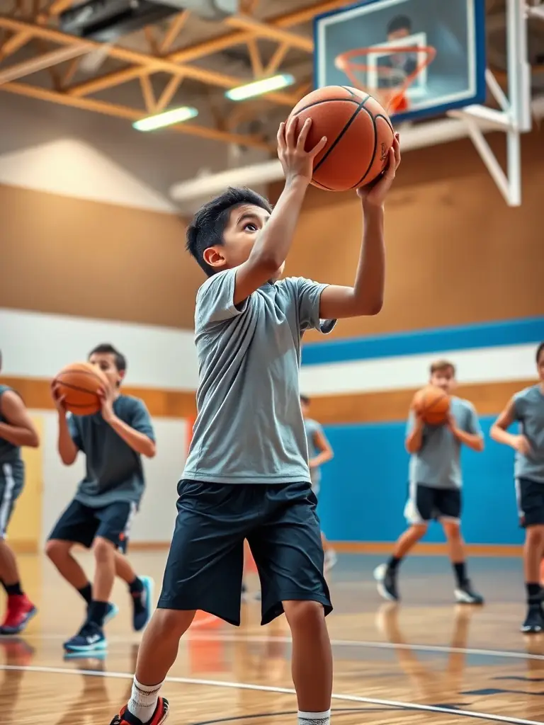 A group of students playing basketball in the college gymnasium, focusing on teamwork and skill development.