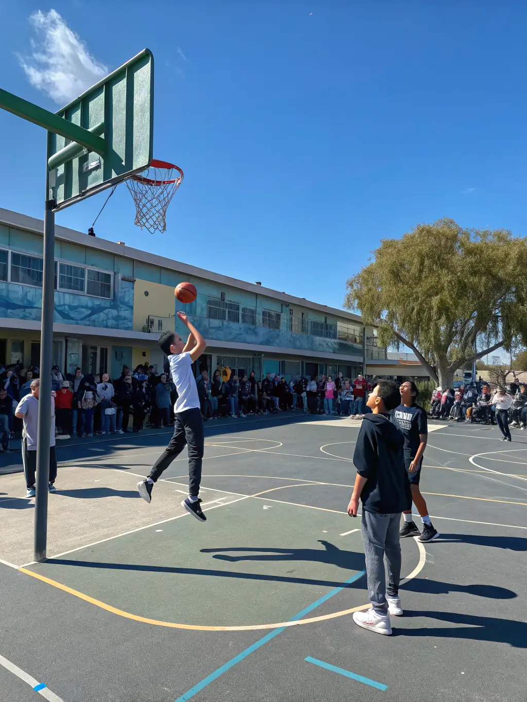 Students participating in a volleyball match, showcasing agility and coordination.